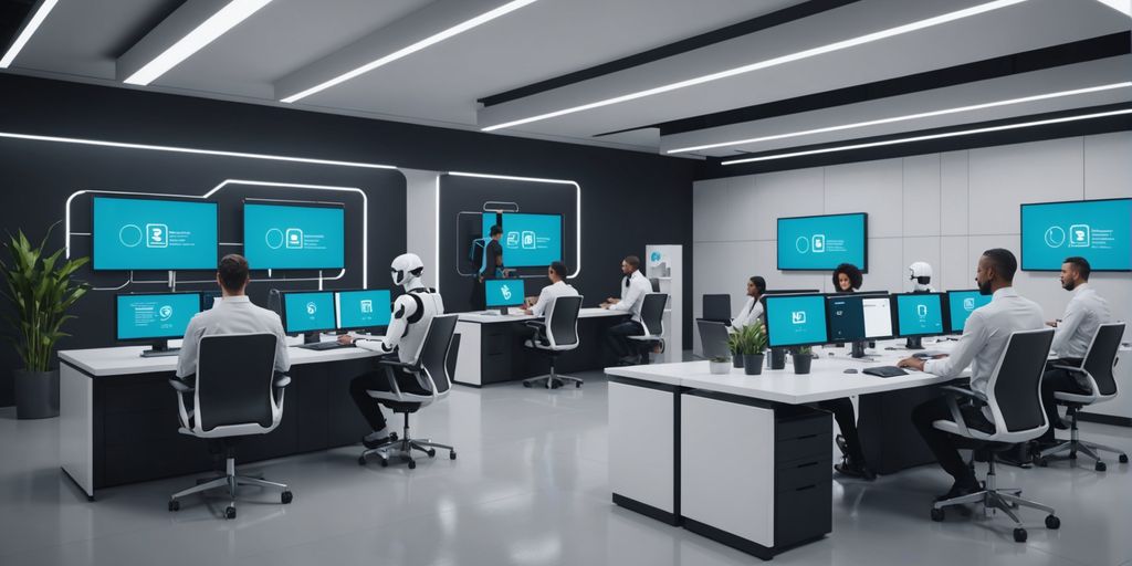 AI robots assisting customers in a modern office.