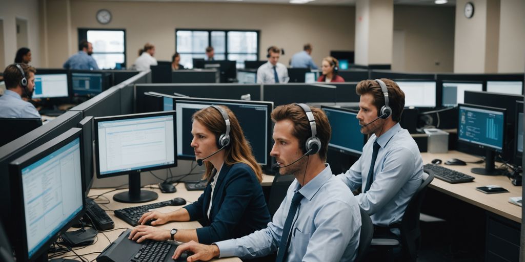 Call center agents using headsets and call routing software.