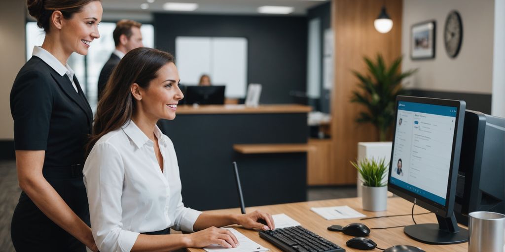Receptionist using automated software in a business setting.