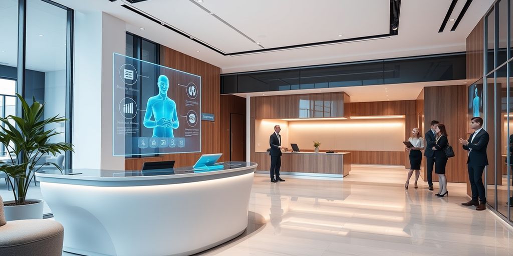 Modern office lobby with AI virtual assistant.