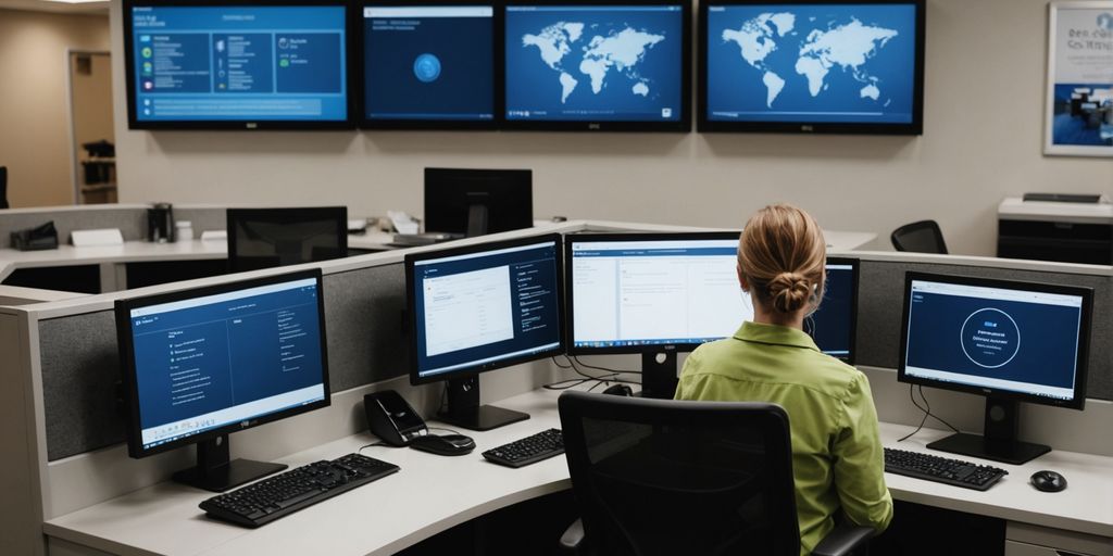 Receptionist at desk with software on screens.