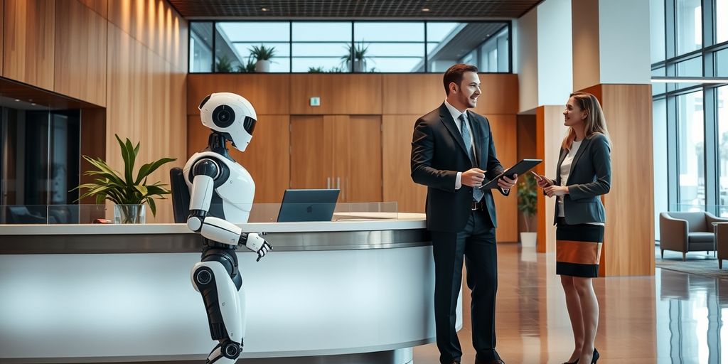 Humanoid robot receptionist in a modern office lobby.