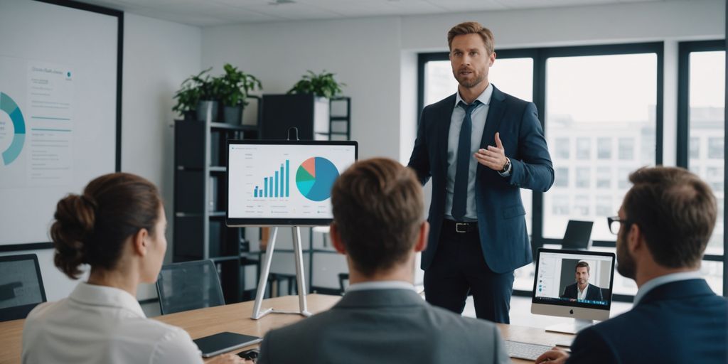 Businessperson presenting virtual assistant platform to colleagues.