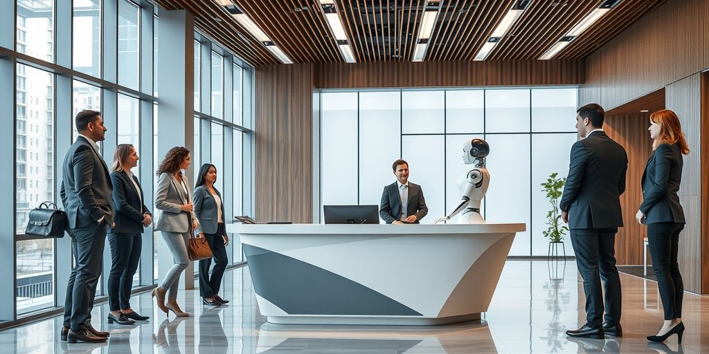 Robot receptionist in modern office lobby
