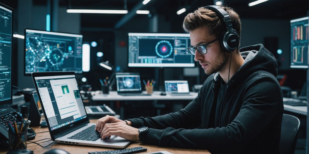 Indie-hacker working on laptop with AI tools.