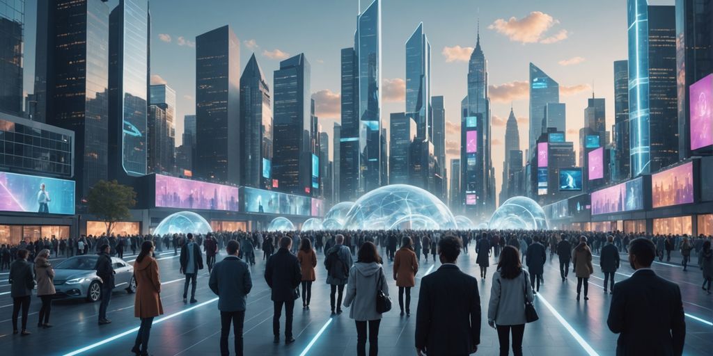 People using holographic devices in a futuristic city.