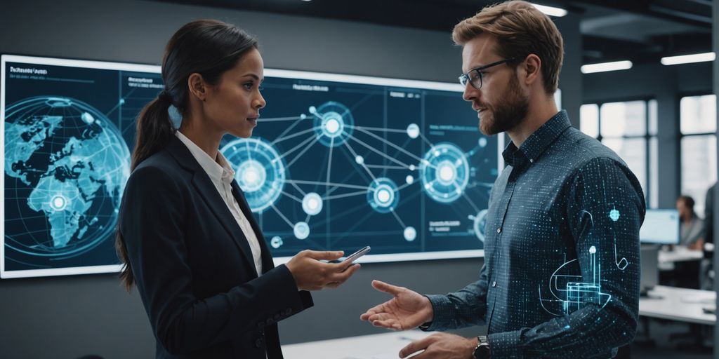 Professional using AI interface in modern office.