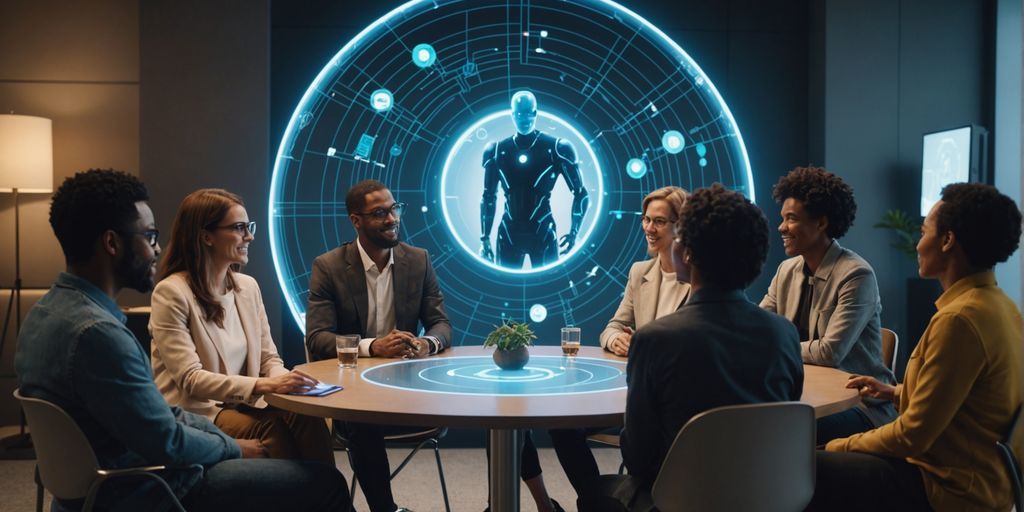 People talking with AI hologram