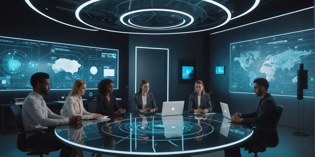 Team collaborating with AI interfaces and voicemail device.