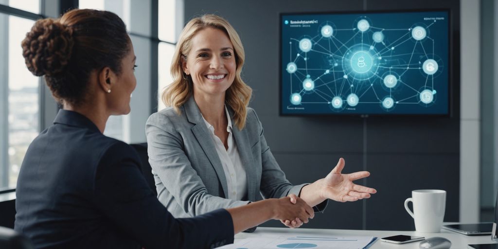 Businesswoman shaking hands with client in office.