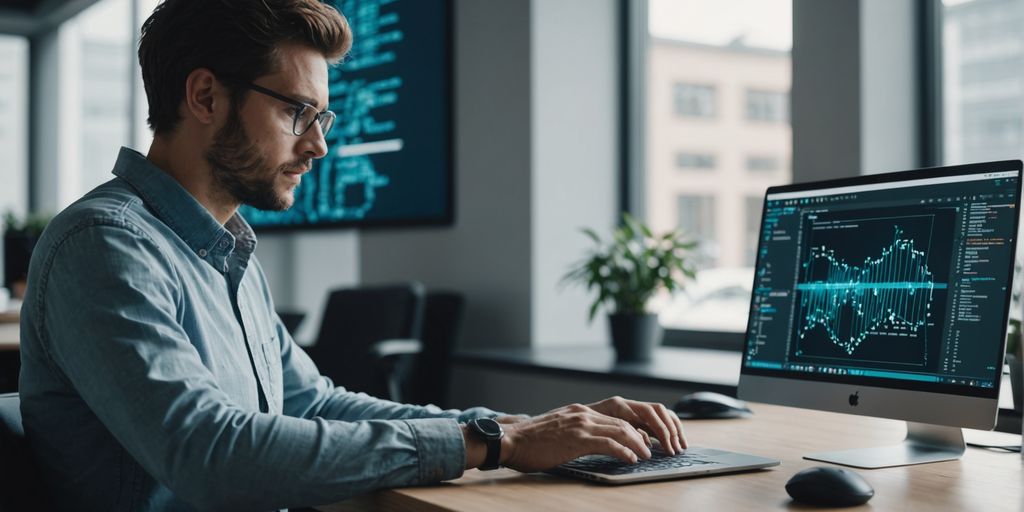 Person coding AI in modern workspace