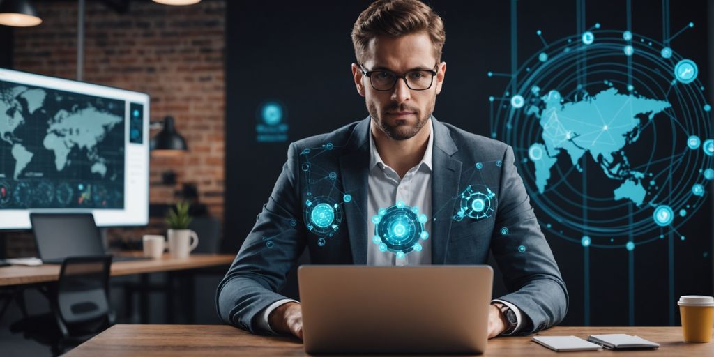 Entrepreneur with AI graphics on laptop