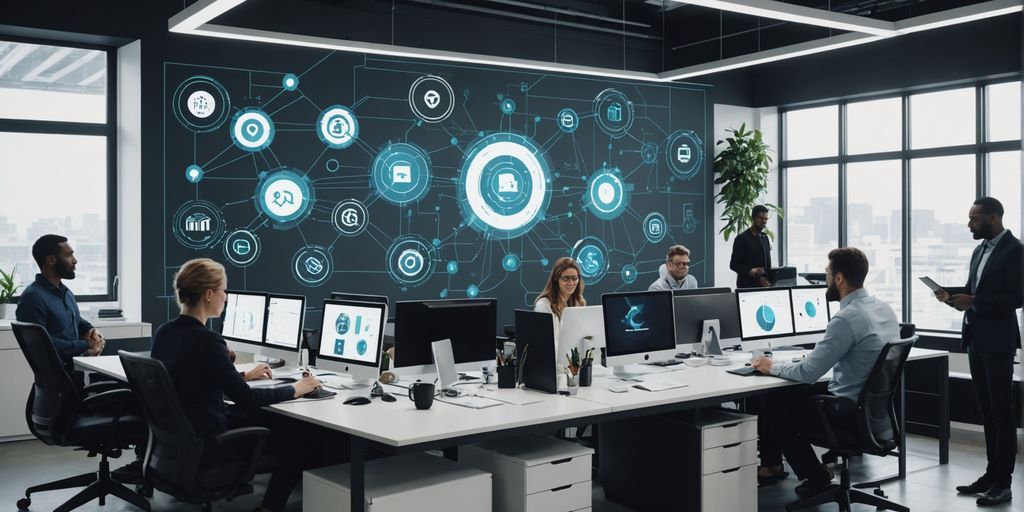 Team collaborating with AI graphics overlay.