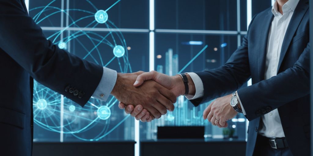 Businessperson shaking hands with client in modern office.