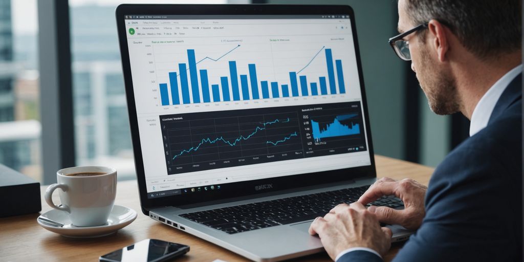 Businessperson analyzing financial charts on a laptop.
