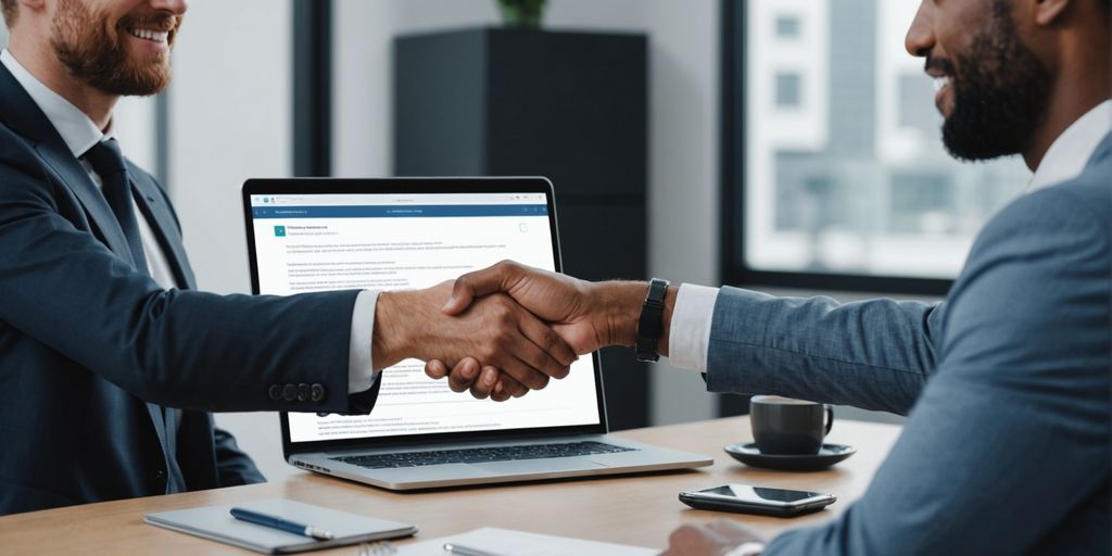 Businessperson shaking hands with client in office.