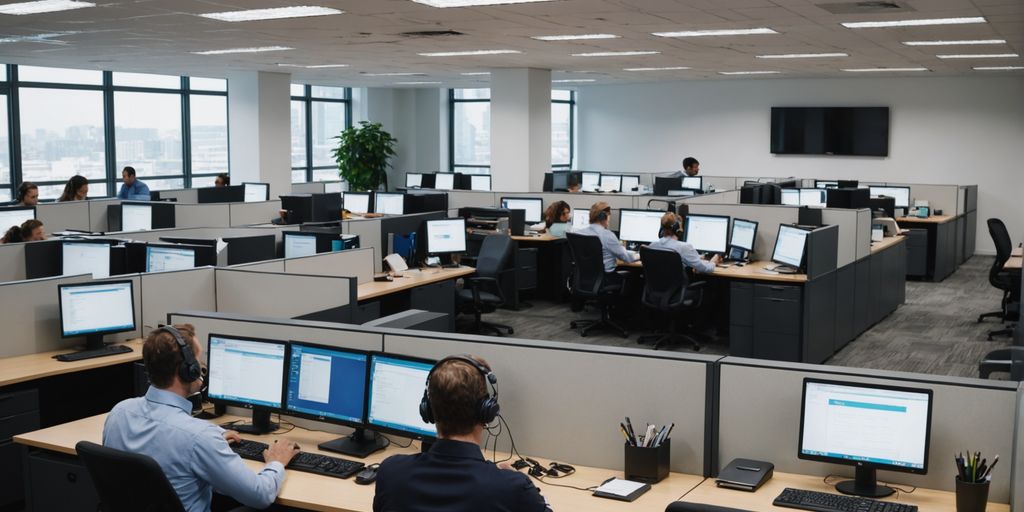 Busy office with multiple desks and computers.