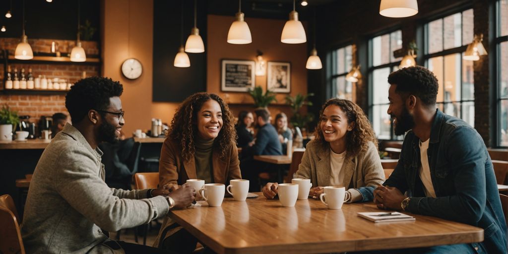People conversing in a cozy coffee shop