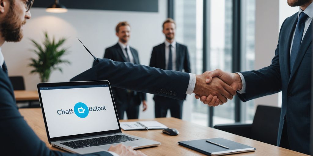 Businessperson shaking hands with client in office.