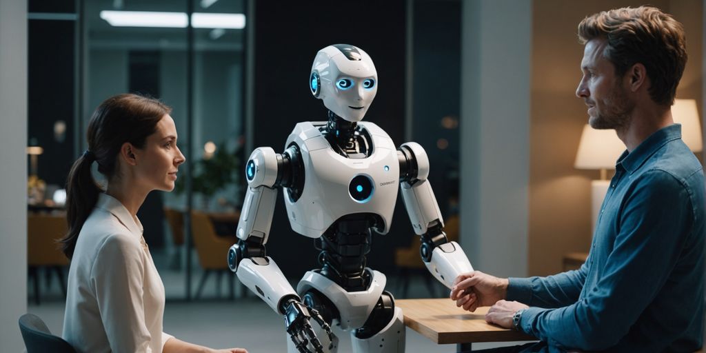 Human and robot engaging in lively conversation.