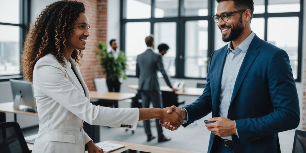 Businessperson shaking hands with tech provider in office.