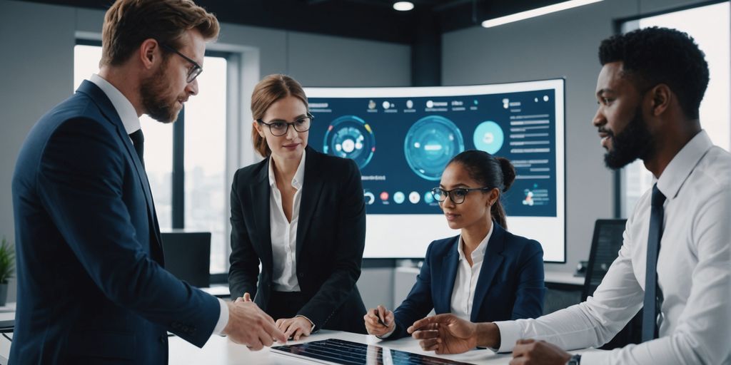 Professionals using AI voice assistant in modern office.