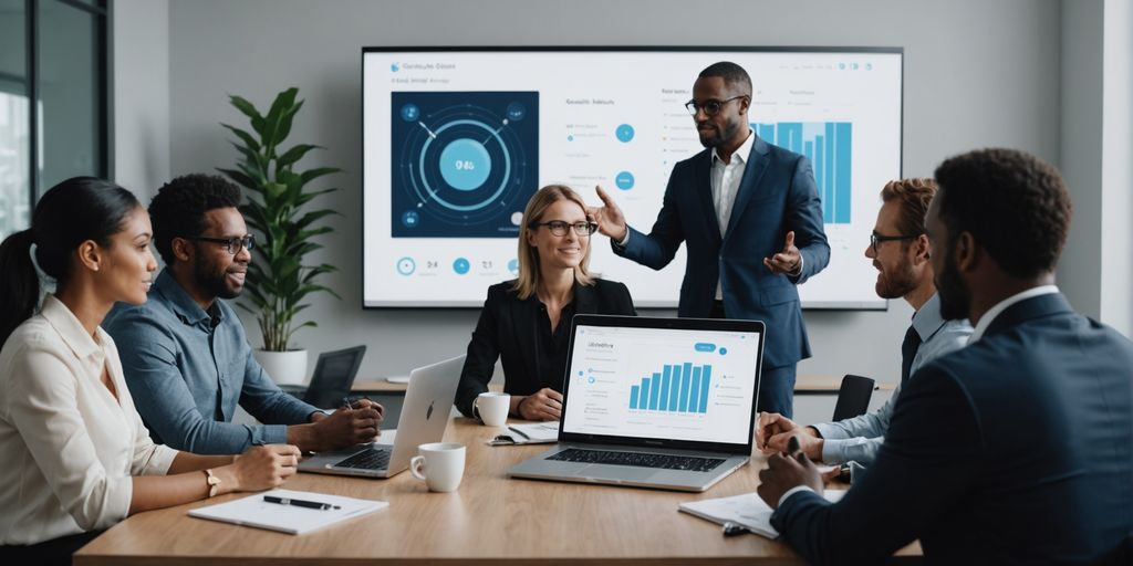 Team discussing AI voice assistant on laptop.