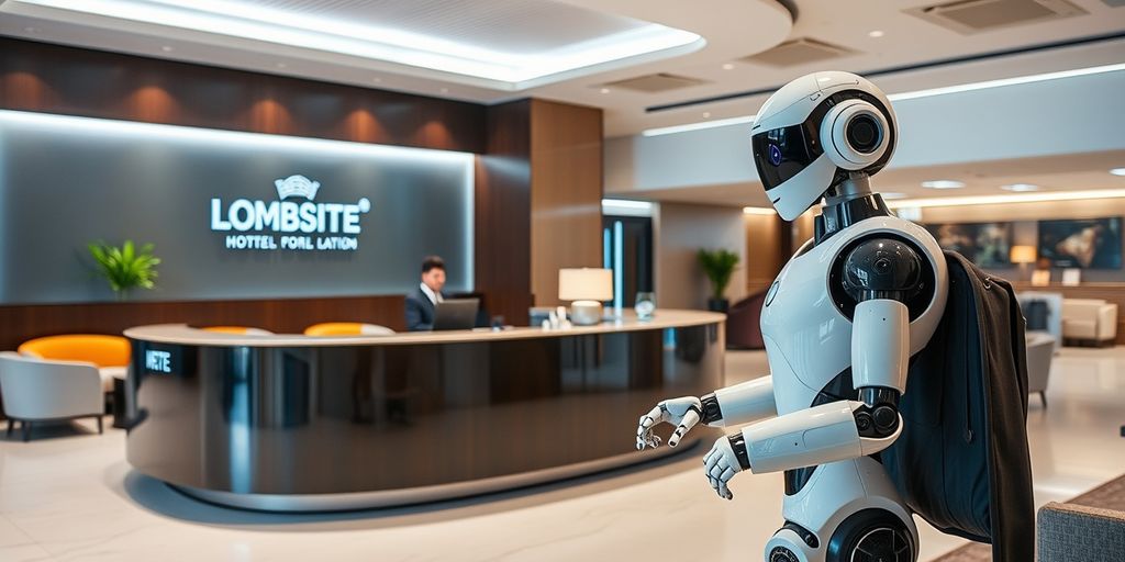 Humanoid robot assisting guests at a modern hotel front desk
