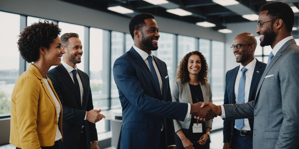 Business professionals shaking hands and smiling.