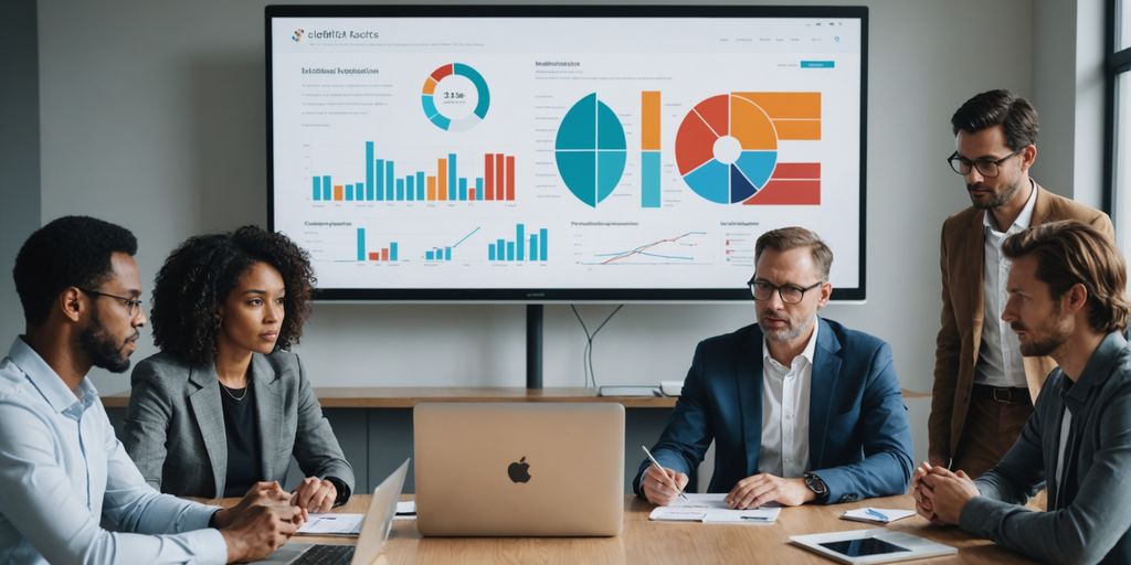 People discussing with laptop showing data charts