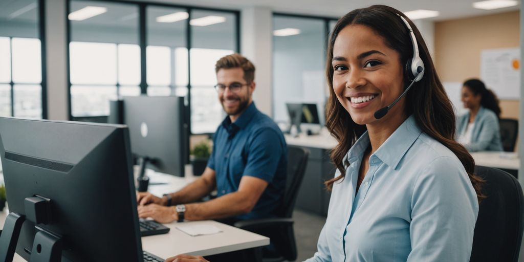 Receptionist using AI with happy clients in background.