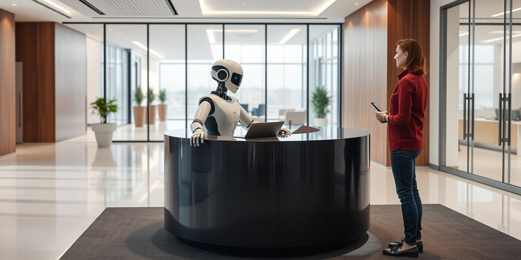 Humanoid robot at reception desk in modern office.