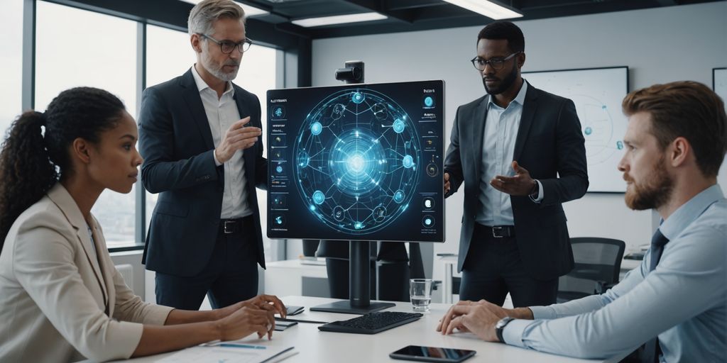 Team collaborating with AI holograms in modern office.