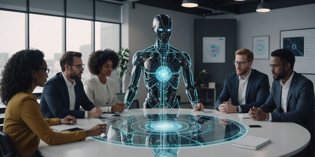 People collaborating with a holographic AI interface.