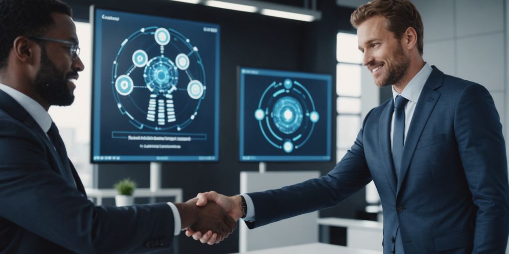 Businessperson shaking hands with client, AI technology overlay.