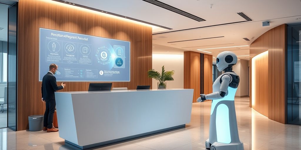 AI receptionist desk with holographic interface