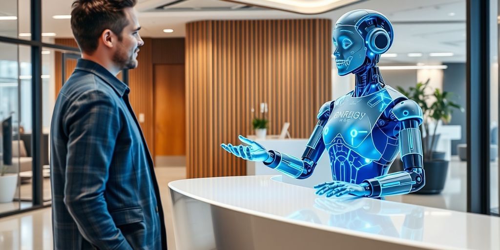 AI hologram receptionist with human visitor in office.