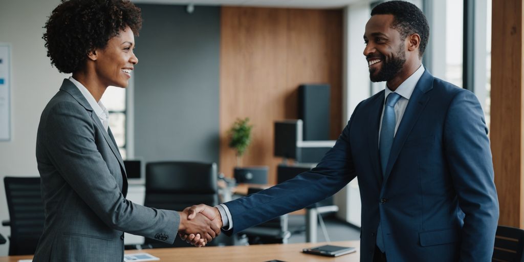 Businessperson shaking hands with client in office.