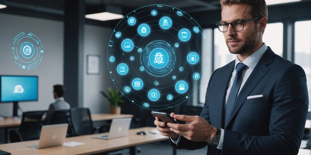 Businessperson with smartphone and AI holographic icons.