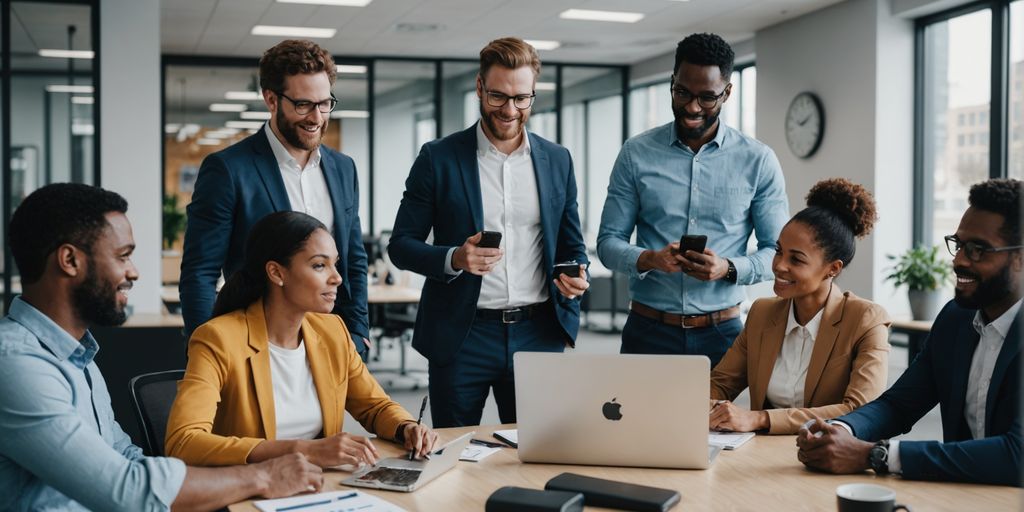 Professionals discussing AI customer service solutions.