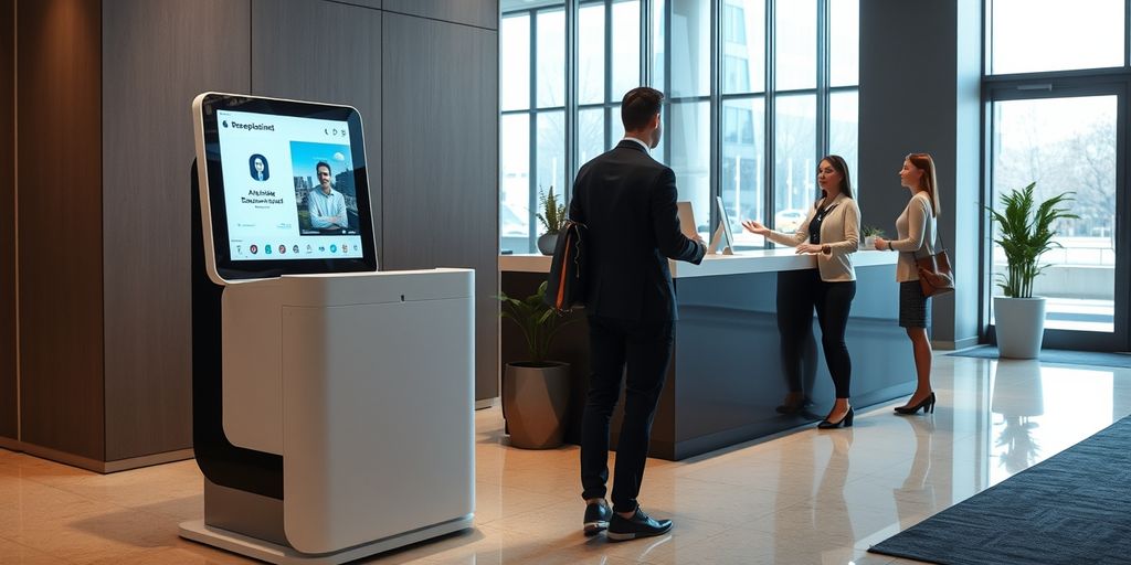 AI and human receptionists in a modern office lobby.