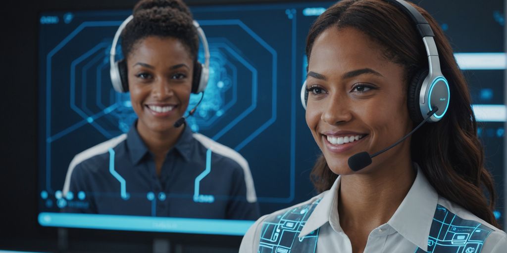 Customer service rep with AI hologram assisting.