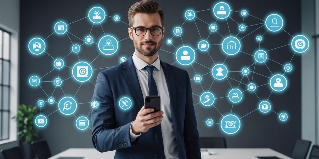 Business professional with smartphone and AI icons