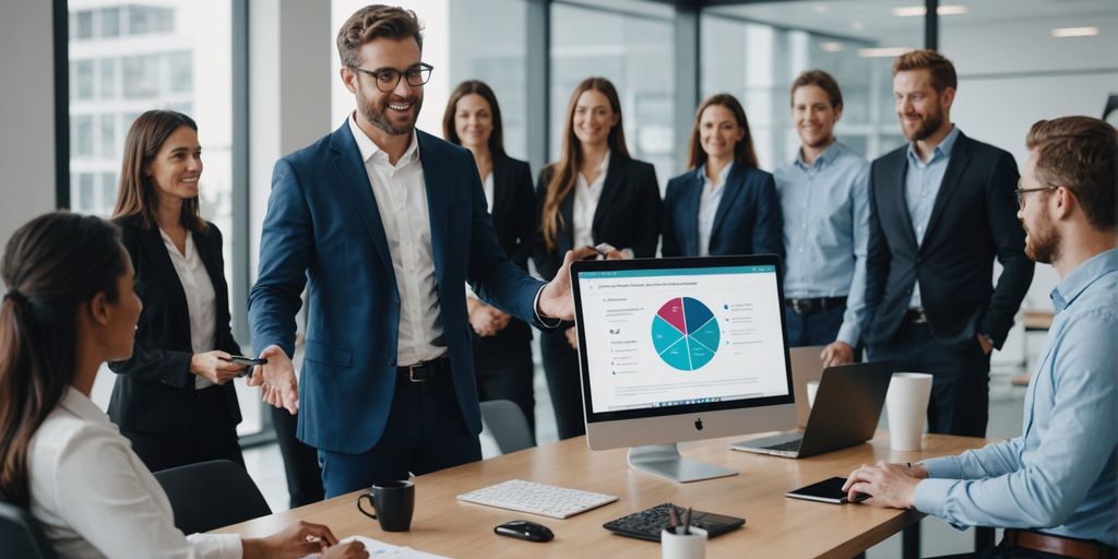 Professional presenting AI phone automation services.