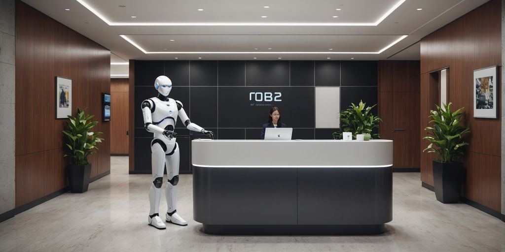 Humanoid robot at a reception desk