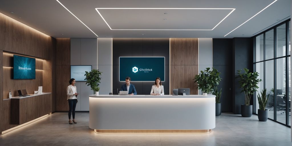 AI receptionist in modern office lobby