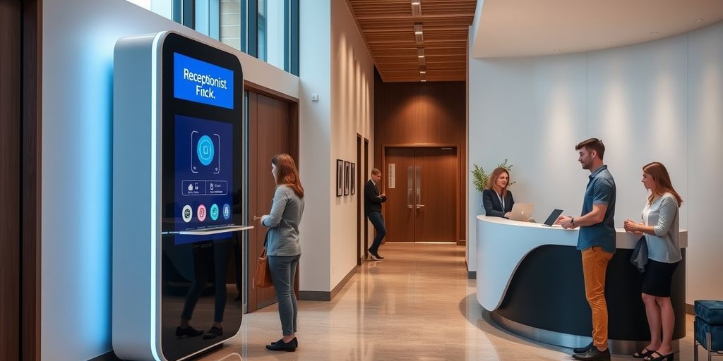 AI and human receptionists in a modern office lobby.