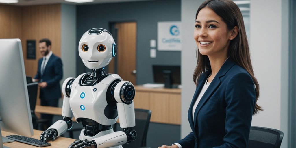 AI robot receptionist assisting customer in busy office