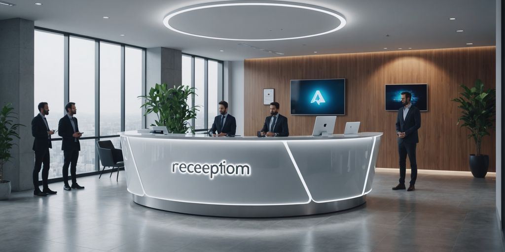 AI receptionist in modern office lobby
