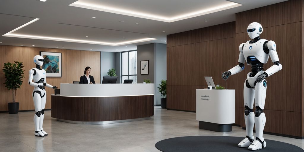 Humanoid robot receptionist in a modern office lobby